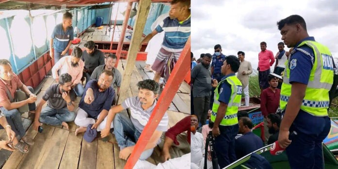 সোনারগাঁওয়ে মেঘনা নদী থেকে চাঁদাবাজির অভিযোগে গ্রেপ্তারকৃত ১১ জন।