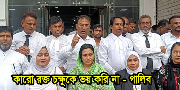 নারায়ণগঞ্জ আইনজীবী সমিতি নির্বাচনে জাতীয়তাবাদী আইনজীবী ঐক্য পরিষদের সাধারণ সম্পাদক পদপ্রার্থী অ্যাডভোকেট শেখ গালিব বক্তব্য দিচ্ছেন।