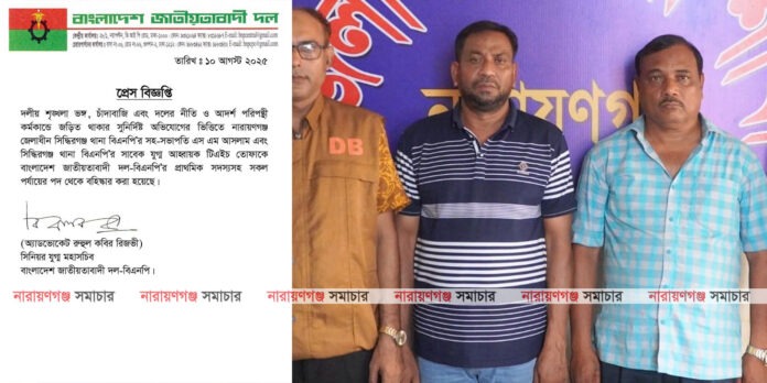 বাংলাদেশ জাতীয়তাবাদী দল (বিএনপি)-এর অফিশিয়াল প্যাডে সিদ্ধিরগঞ্জের দুই নেতাকে চাঁদাবাজির অভিযোগে বহিষ্কারের ঘোষণা সংক্রান্ত প্রেস বিজ্ঞপ্তির ছবি।