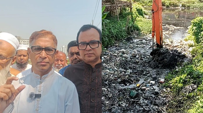 ফতুল্লার জলাবদ্ধতা নিরসনে জুড়ি খাল পুনঃখনন করছেন অধ্যাপক মামুন মাহমুদ।