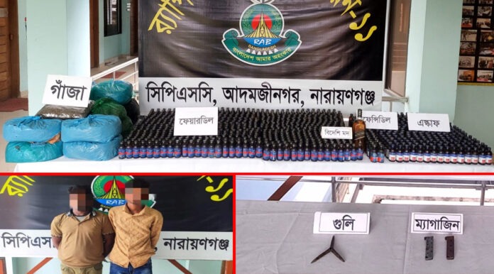 নারায়ণগঞ্জে র‍্যাবের অভিযানে উদ্ধারকৃত বিপুল পরিমাণ মাদক ও গুলি