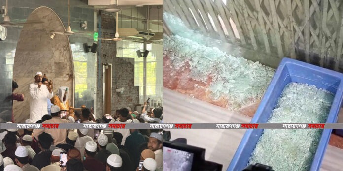 narayanganj-mosque-chaos-nasiruddin-patwari.jpg নারায়ণগঞ্জ মাসদাইর মসজিদে কাঁচের দরজা ভাঙা।